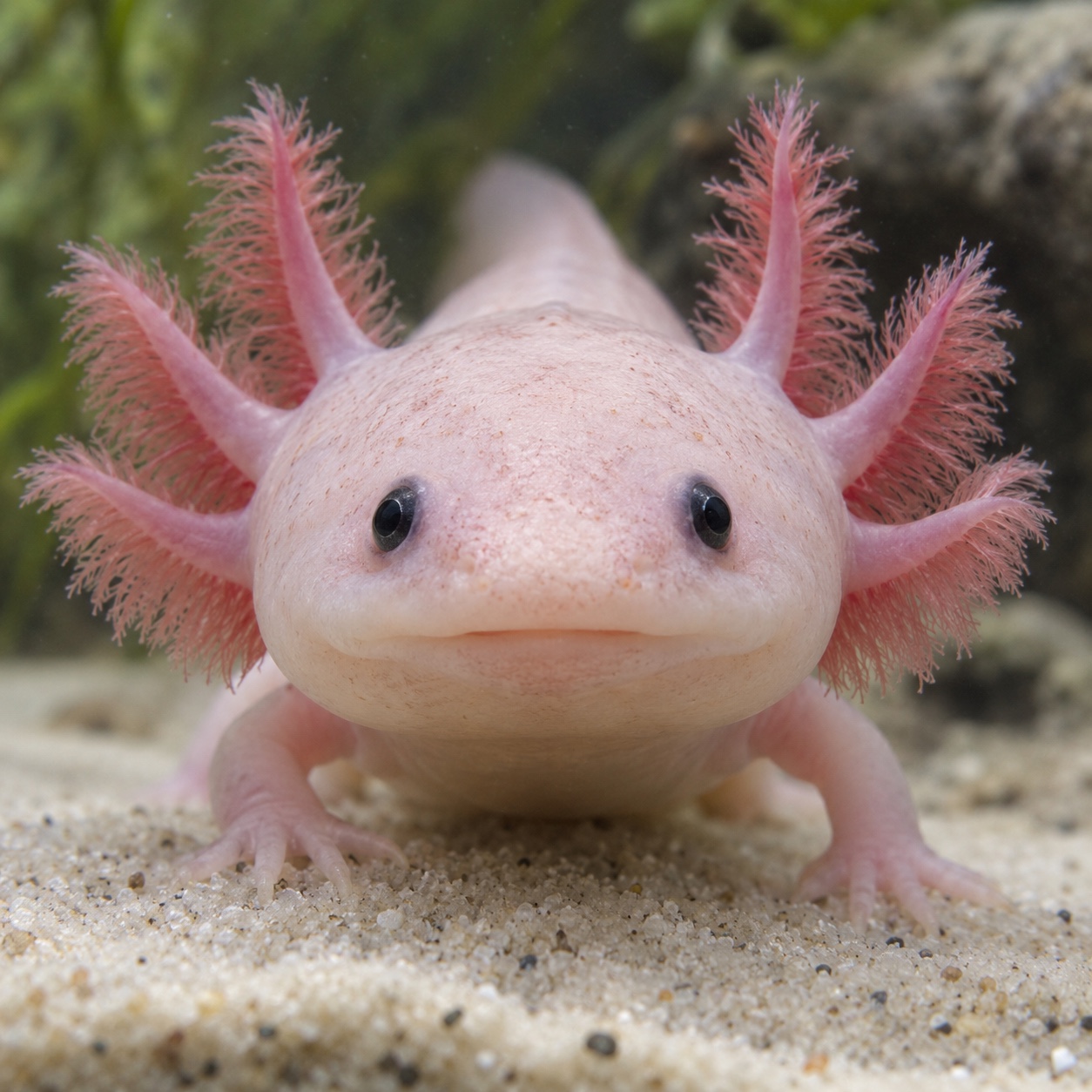A pale pink axolotl looking towards the viewer, with delicate feathery gills, resting on freshwater gravel.