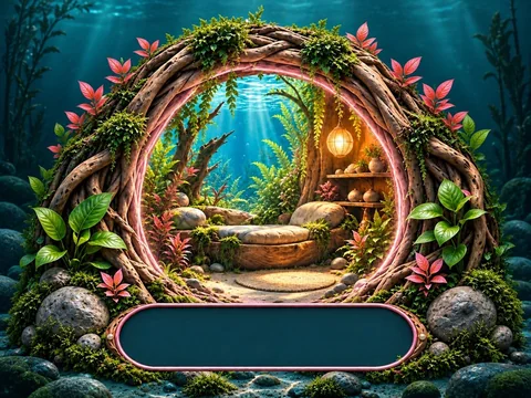 Illustrated freshwater doorway with pink leaves and a warmly lit resting place.