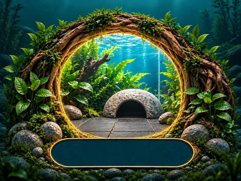 Illustrated golden freshwater doorway opening towards an axolotl shelter.
